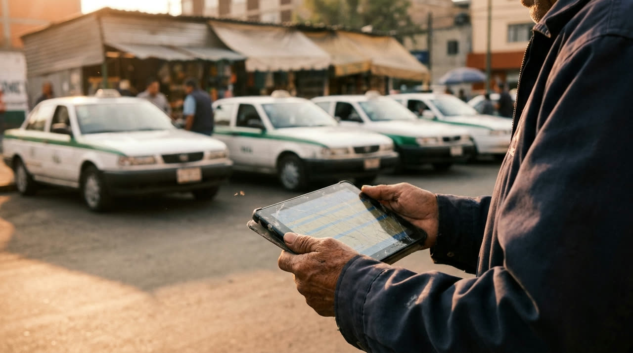 Un despachador sostiene una tablet frente a una fila de taxis en un sitio de la Ciudad de México, a la hora dorada.
