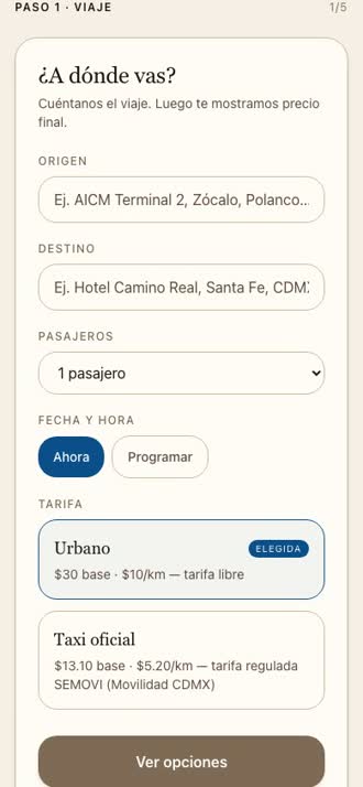 Pantalla del pasajero: paso 1 del viaje, con origen, destino, pasajeros y las modalidades de tarifa.